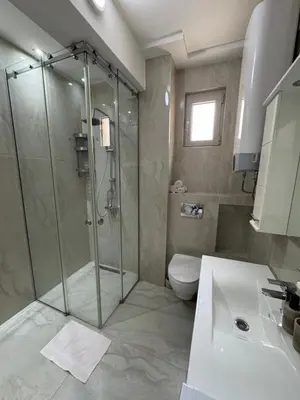 a bathroom with a shower and a toilet and a sink at Lux Apartment 14 in Kravlja