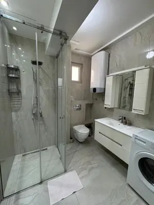 a bathroom with a shower and a toilet and a sink at Lux Apartment 14 in Kravlja