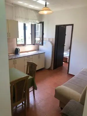 a room with a kitchen with a table and chairs at Apartmani Centar in Petrovac na Moru