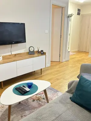 a living room with a tv and a couch and a table at Apartment Central point in Podgorica