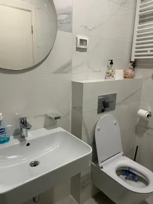 a bathroom with a sink and a toilet and a mirror at Apartment Central point in Podgorica