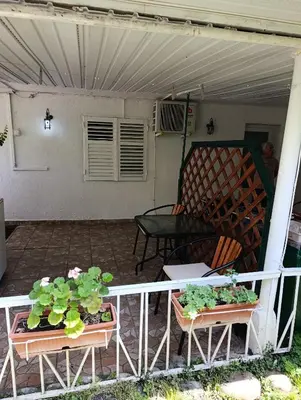 a patio with two plants and a table and chairs at Dvokrevetna soba, Spaso in Petrovac na Moru