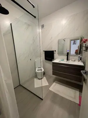 a bathroom with a shower and a toilet and a sink at Apartment Sveti Stefan in Sveti Stefan