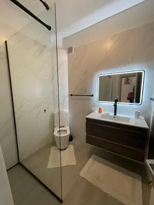 a bathroom with a shower and a toilet and a sink at Apartment Sveti Stefan in Sveti Stefan