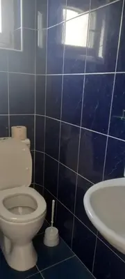 a blue tiled bathroom with a toilet and a sink at Apartman Olgica in Sutomore