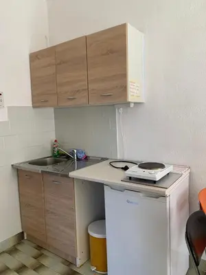 a small kitchen with a sink and a refrigerator at Domaćinstvo Kvaić in Bar