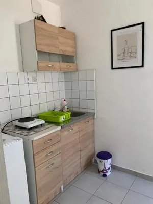 a kitchen with wooden cabinets and a green container on the counter at Domaćinstvo Kvaić in Bar