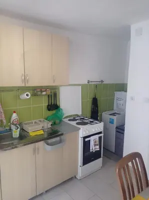 a small kitchen with a stove and a sink at Apartman Rogonjić in Sutomore