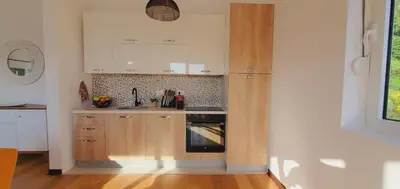 a kitchen with white cabinets and a sink at Inspired by Nature in Podličak