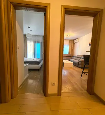 a view of a living room from the hallway at Azure Horizon Pržno in Sveti Stefan