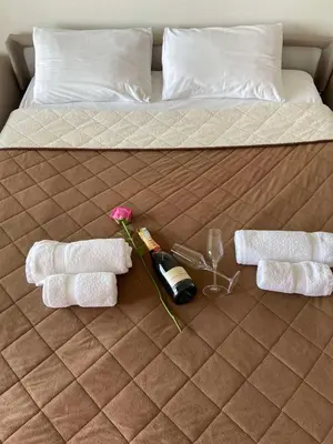 a bed with towels and a bottle of wine and a flower at Apartments Kuce Lekovica Beach & snack bar- Bistro in Bar
