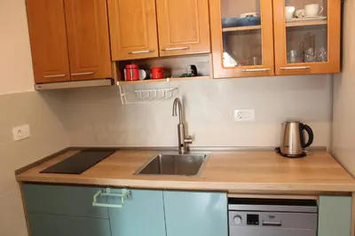 a kitchen with a sink and wooden cabinets at Titograd in Podgorica