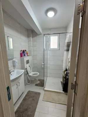 a bathroom with a shower and a toilet and a sink at Stan Pinjes - Ulcinj in Ulcinj