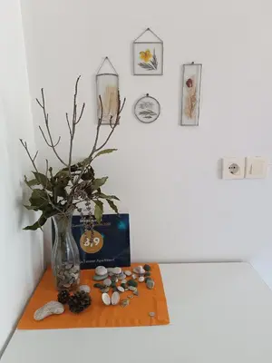 a table with a vase with a plant and some rocks at Nataliia Twister Apartment in Budva