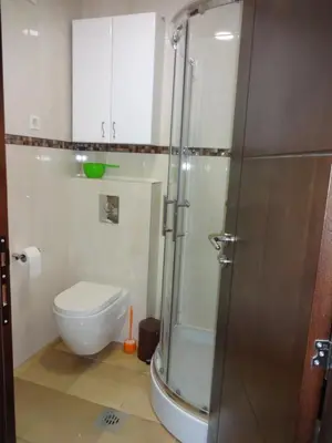 a bathroom with a toilet and a glass shower at Nataliia Twister Apartment in Budva