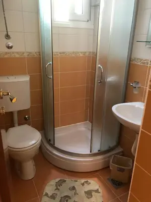 a bathroom with a shower and a toilet and a sink at Apartments Sveti Stefan MNE in Sveti Stefan