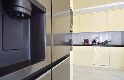 a kitchen with a stainless steel refrigerator and a sink at Villa Dragana in Budva
