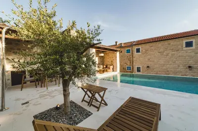 a tree sitting on a patio next to a swimming pool at Villa Boscovich in Katun