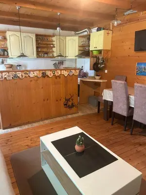a kitchen with a table and a dining room at Velicanka hostel 2 in Kravlja