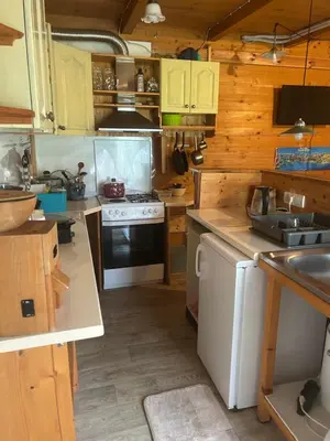 a kitchen with a stove and a sink at Velicanka hostel 2 in Kravlja
