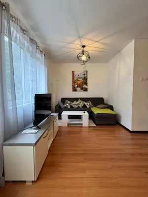 a living room with a couch and a television at Alex Apartment Petrovac in Petrovac na Moru