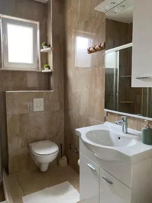 a bathroom with a white sink and a toilet at MARSHAL Apartments in Donji Štoj