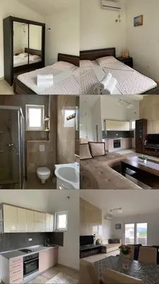 a collage of four pictures of a bedroom at MARSHAL Apartments in Donji Štoj