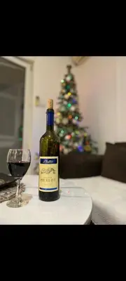 a bottle of wine and a glass on a table with a christmas tree at Uživajte u mirnom i elegantnom smještaju in Podgorica