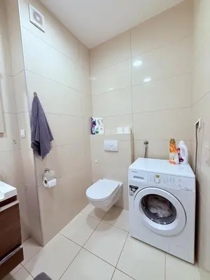 a bathroom with a washing machine and a toilet at Apartment in the Lusitanos in Budva