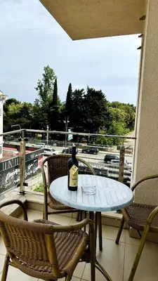 a bottle of wine sitting on a table on a balcony at Apartment in the Lusitanos in Budva