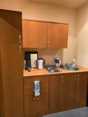a kitchen with wooden cabinets and a sink at Доброморе Будва in Budva