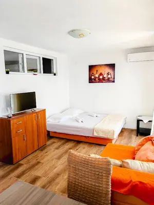 a room with a bed and a tv and a couch at Zora Apartments in Bar