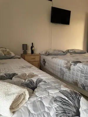 two beds in a room with a tv on the wall at Best Apartments in Ulcinj