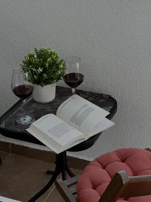a table with a book and two glasses of wine at Porta Mare Apartment in Bar