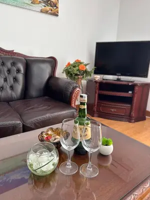a living room with a table with wine glasses on it at Summer Dreams Apartment in Budva