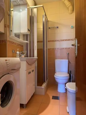 a bathroom with a toilet and a sink and a shower at Apartman Centar in Petrovac na Moru