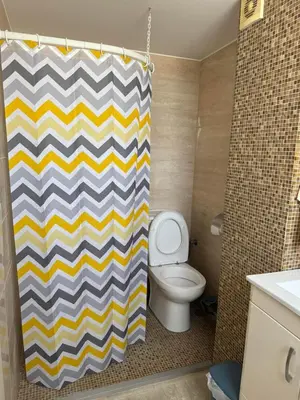 a bathroom with a toilet and a shower curtain at Royal Central Apartment in Bar
