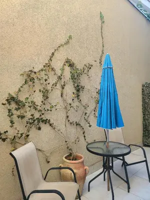 a table with a blue umbrella next to a wall at Apartment Del Mare in Boreti
