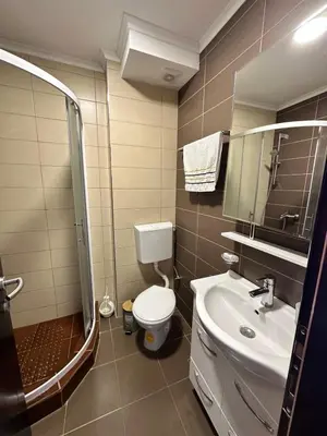 a bathroom with a toilet and a sink and a shower at Apartment Sea Point in Becici