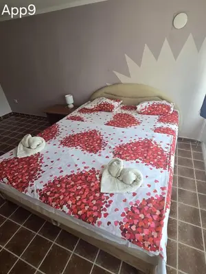 a bed with red hearts on it in a room at Sveti Georgie Apartments in Becici
