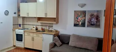 a small kitchen with a couch and a stove top oven at Apartment Gala in Budva