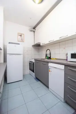 a kitchen with white appliances and gray cabinets at Palm street apartment near Dukley beach in Budva