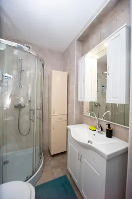 a bathroom with a shower and a sink and a toilet at Palm street apartment near Dukley beach in Budva