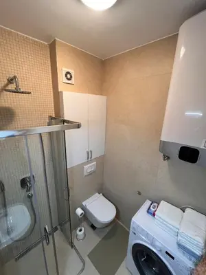 a small bathroom with a toilet and a shower at DOWNTOWN apartment Old Town in Podgorica