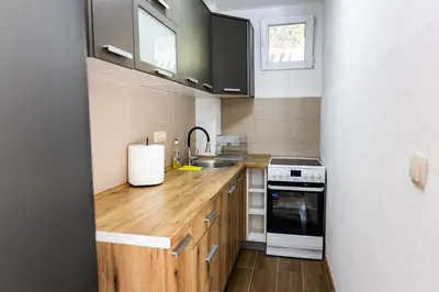 a small kitchen with a sink and a stove at Green Garden in Tivat