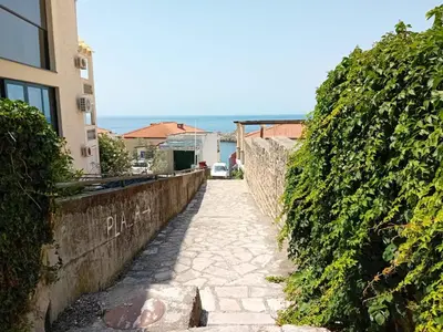 a stone path next to a building with a hedge at Mota saste mini duplex in Sveti Stefan