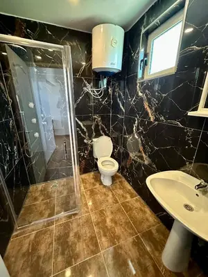 a bathroom with a toilet and a shower and a sink at Villa Paris in Donji Štoj