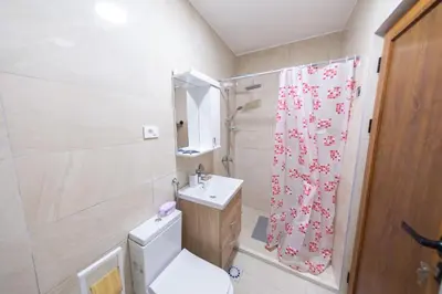 a bathroom with a toilet and a sink and a shower at Apartmani Elena in Bigovo