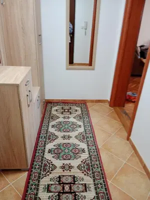 a hallway with a rug on the floor and a mirror at Apartman centar Bar in Svijetin Brijeg
