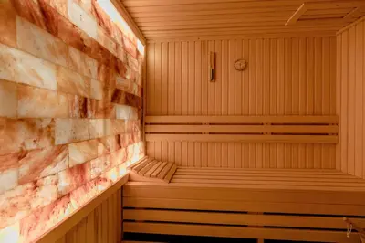 a wooden sauna with a stone wall at Bellemond Hotel & Residences in Budva